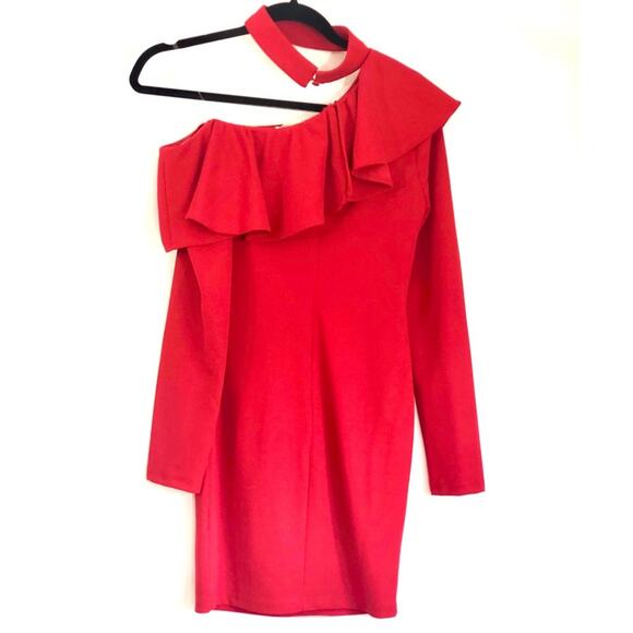 0091 NEW Red Holiday Ruffle Long Sleeve Red Dress - Picture 3 of 7